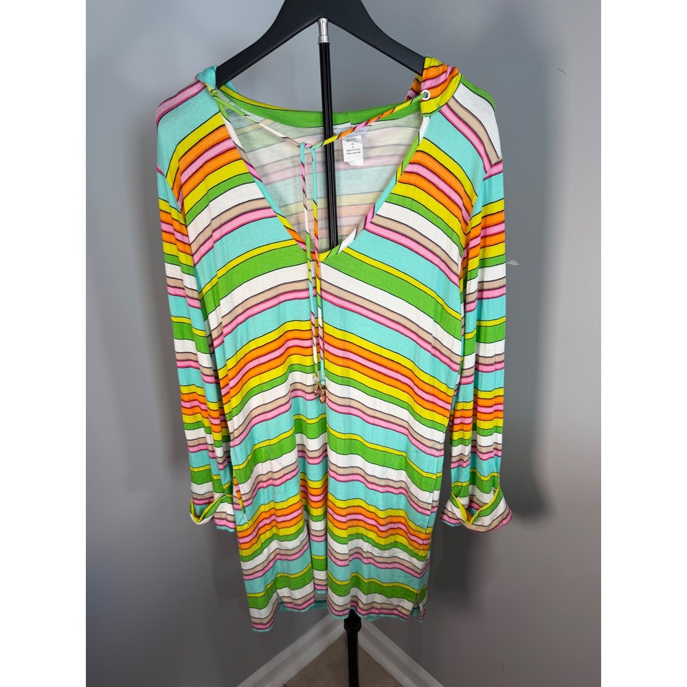Trina Turk Hoodie Tunic Women L Multi Color Stripe Swim Cover Up Boho Festival